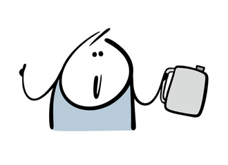 Funny stickman holds a canister of liquid. Vector illustration of a man recommending insect repellent, gasoline, clean water. Advertisement. Cartoon people isolated on a white background.