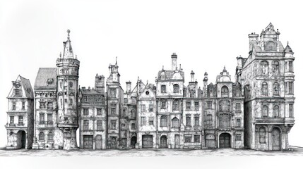 Old European Townhouses, Black and White, Architectural Drawing, Background for Historical Fiction, Suitable for Book Covers