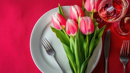 Romantic dinner table setting with tulips and wine