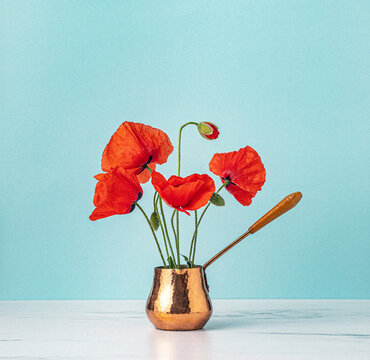 Poppies in Copper Coffee Pot