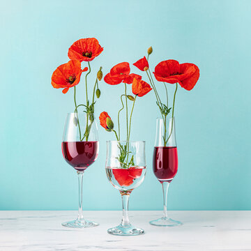 Red Poppies in Wine Glasses