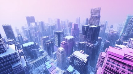Aerial view of a stylized city, pastel colored buildings, digital art