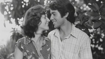 Black and white photo of couple in love in the 1970's. Vintage photography. SLR Camera.
