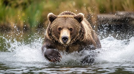 Grizzly bear running through water, splashing. Possible use Wildlife photography