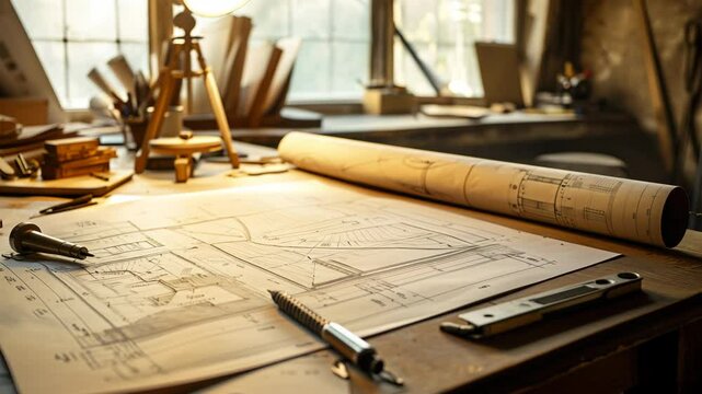 Architectural drafting table with blueprints, tools, and warm lighting in a creative studio workspace.


