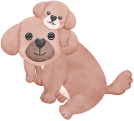 Father's Day Dog Dad and Baby A puppy rides on its father's back in watercolor style illustration