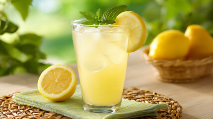 Fototapeta premium sunny lemonade picnic, p: a refreshing glass of lemonade in a bright,