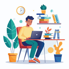 a boy is using his laptop vector