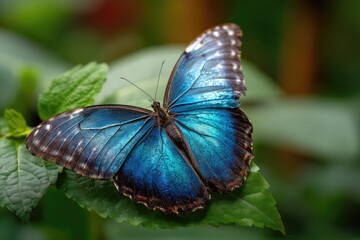 A beautiful vibrant blue butterfly resting peacefully on a green leaf