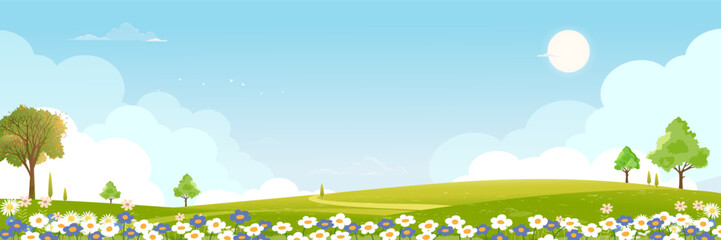 Spring background,Blue sky,clouds,sun,flowers field,tree,green meadow landscape,Vector cartoon countryside rural nature in sunny day summer,Village scene valley for screen wallpaper background banner