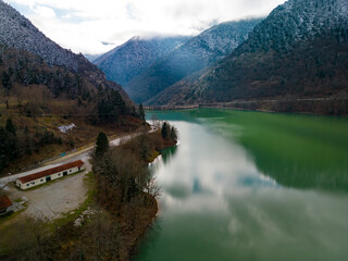 Aerial View of Lake Plastiras and Forested Hills in Greece