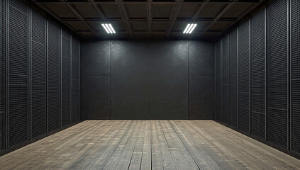 A black soundproof room with a wooden floor on background ai generated