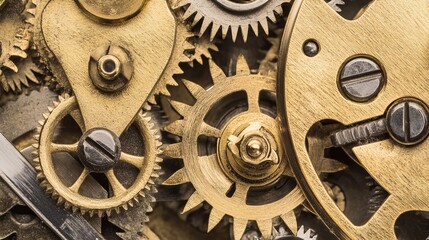 Intricate details of a vintage clock mechanism showcasing brass gears and cogs, reflecting craftsmanship and timekeeping artistry.