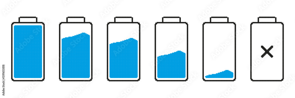 Poster battery level indicator pixelated icon set. pixel art symbol collection of battery states in various