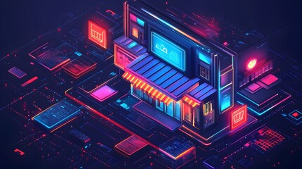 Obraz premium Futuristic isometric illustration of an online shop built into a digital circuit board showcasing modern e-commerce technology.