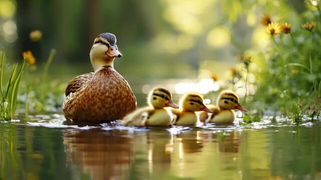 Ducklings Following single Mother duck in Line Across Pond Background. Suitable for marketing or business purposes