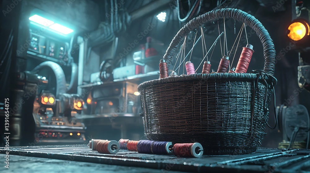 Poster moody workshop scene with wicker basket and colorful thread spools