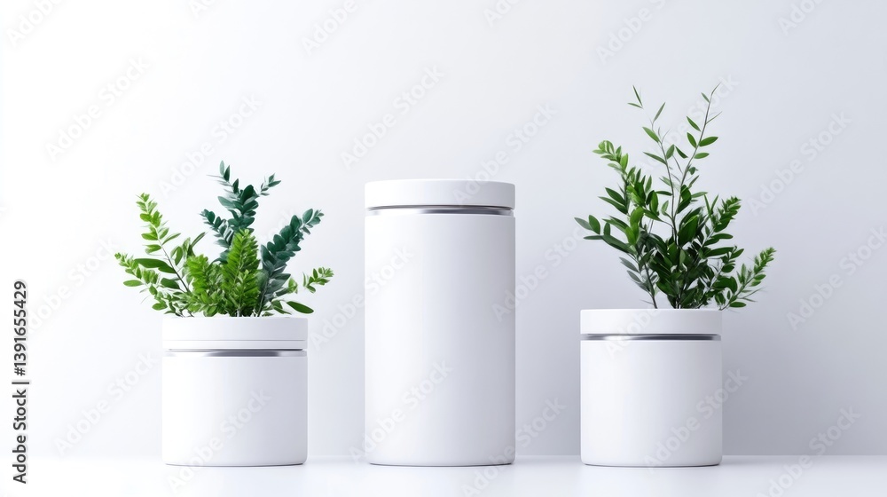 Poster white containers with greenery minimalist clean style high-resolution lighting center frontal view s