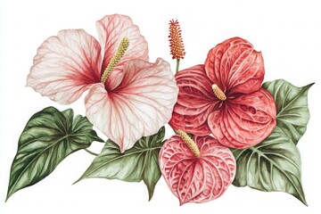 Elegant watercolor composition of red and pink hibiscus and anthurium flowers with large green leaves.