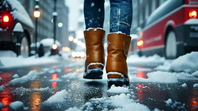 Snowy city street; person in brown boots walks on slush