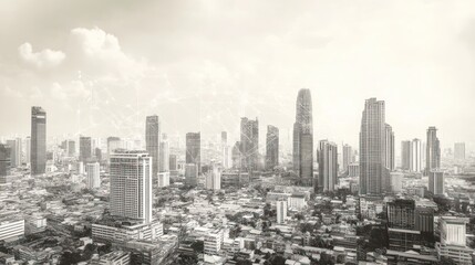 Cityscape panorama, modern buildings, urban skyline, daytime view, possible use for business, travel, or architectural showcase