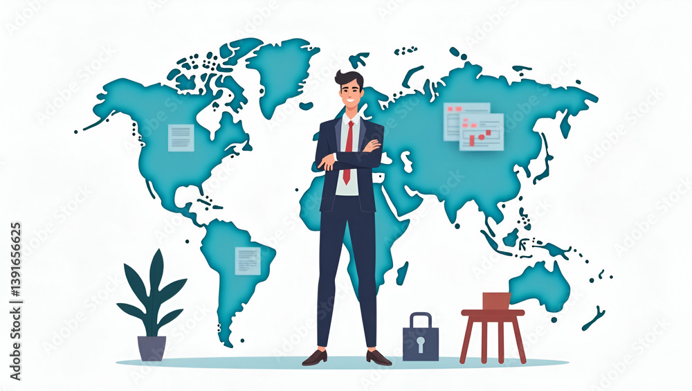 Poster global security challenges: flat vector illustrations of data visualizations and defense elements fo