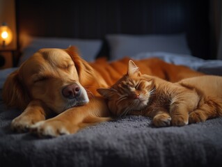 Golden Retriever and Ginger Cat Napping Together on a Cozy Bed