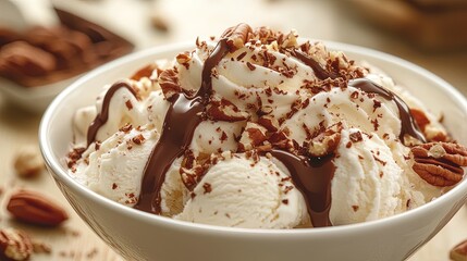 A close-up of a bowl of creamy ice cream with chocolate sauce, crushed nuts, and whipped cream