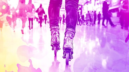 Roller Skating in a City Crowd, Purple and Pink Hues