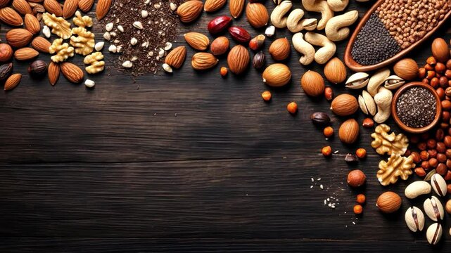 Nutritious Nirvana: A vibrant spread of assorted nuts and seeds create a cornucopia of health and culinary delight, arranged artistically on a rustic wooden surface. 