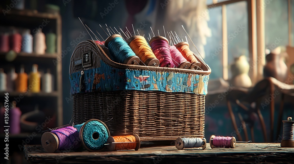 Poster rustic wicker basket of colorful threads in sunlit workshop