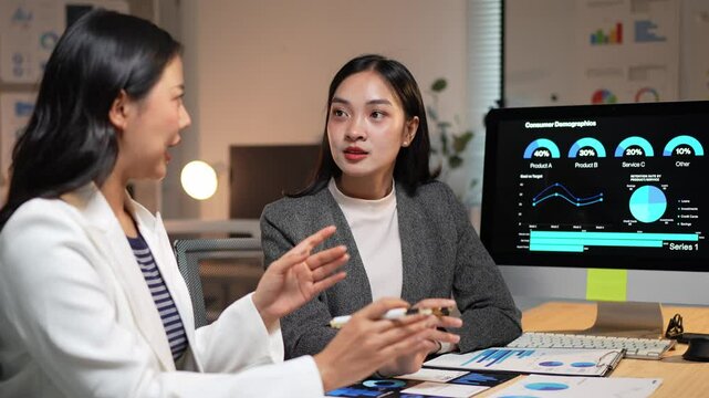 Two asian businesswomen are discussing consumer demographics displayed on a computer screen, analyzing charts and graphs to make informed business decisions in a collaborative office environment