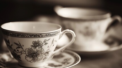 Sepia Toned Closeup of Two Ornate Teacups and Saucers