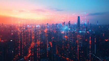 Fototapeta premium urban skyline and data chart fusion showcasing the interconnected structure of global finance economic development market innovation and wealth growth strategies