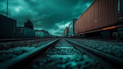 Obraz premium Freight Train on Tracks Under a Dramatic Teal Sky