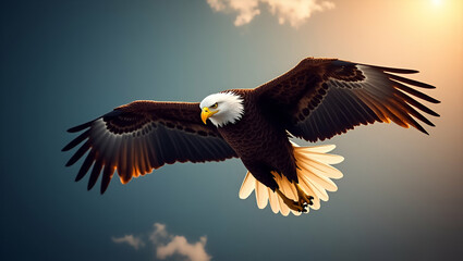 Naklejka premium Majestic American Eagle in Flight: High-Resolution Stock Photo Symbolizing National Strength and Freedom with Dynamic Composition and Empty Space for Text