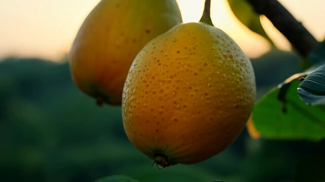Close up of maturing marula fruits with leaves against the backdrop of sunlit foliage