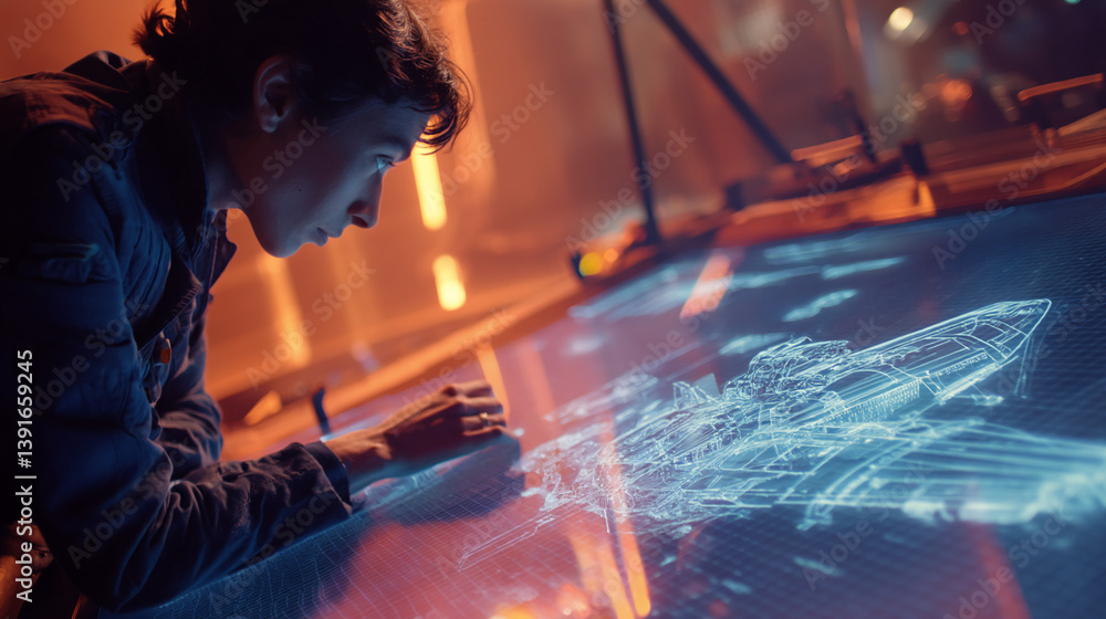Poster person interacting with a large interactive display showing a futuristic design, showcasing technolo