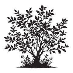 Detailed Silhouette Bush Vector Illustration with Small Flowers