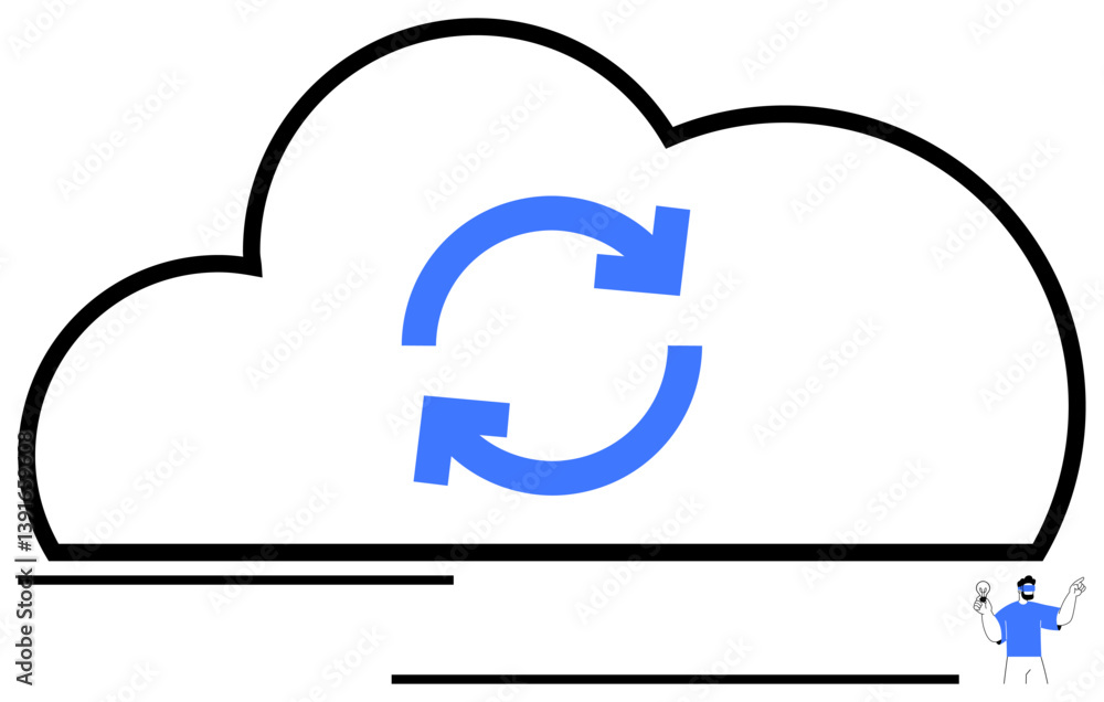 Poster large cloud outline with sync arrows in the center and a cheerful user holding a device. ideal for t