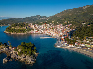 Fototapeta premium Drone photograph of a picturesque coastal town in the Epirus region of northwestern Greece