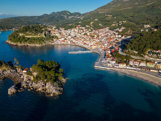 Fototapeta premium Drone photograph of a picturesque coastal town in the Epirus region of northwestern Greece