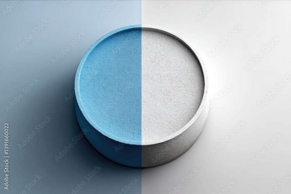 Poster a circular object divided into two distinct sections is shown