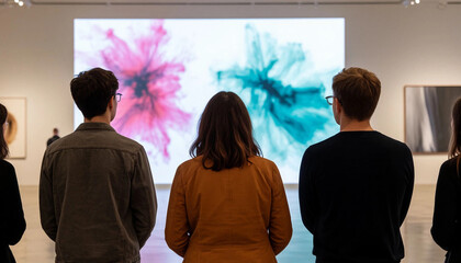 People looking at abstract digital paintings in a gallery