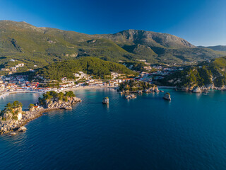 Drone photograph of a picturesque coastal town in the Epirus region of northwestern Greece