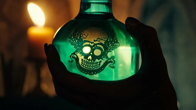 hand holds a glowing green potion bottle with a skull and tentacles design, illuminated by a candle in the background, creating a mysterious and eerie atmosphere