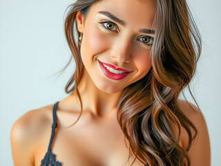 Beauty portrait of attractive sensual young brunette woman. Young sexy slim tanned woman in black lace lingerie posing against bright background. Closeup fashion portrait of beautiful girl long hair
