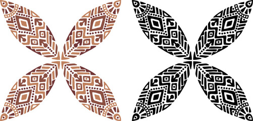 Artistic hand drawn illustration of African decorative ornament. Vector drawing ethnic pattern isolated on white background. Black and white and colored tribal art for bohemian interior printing.