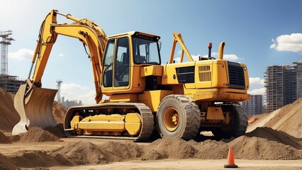 A large orange bulldozer with tracks rather than wheels is in the foreground of an urban construction site.