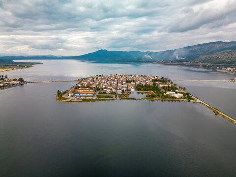 Aerial View of Mesolongi Peninsula Town Surrounded by Water, Greece

